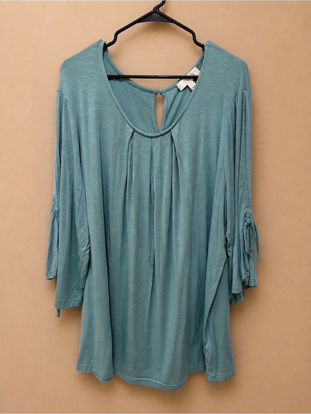 Relaxed Teal Pleated 3/4 Sleeve Tunic with Tie Details